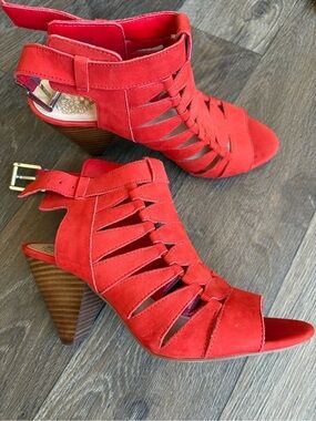 Vince Camuto Eliza Geo Cutout Cone Heel Sandals See Photos for flaws